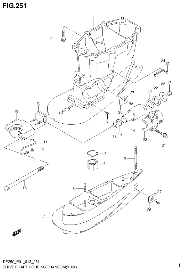 Suzuki DF200T, DF200Z, DF225T, DF225Z, DF250T, DF250Z DRIVE SHAFT HOUSING TRANSOM(X,XX) (DF200Z E1) parts diagram
